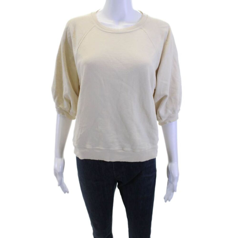 Amo Women Beige Cotton Crew Neck 3/4 Sleeve Pullover Sweatshirt Size XS